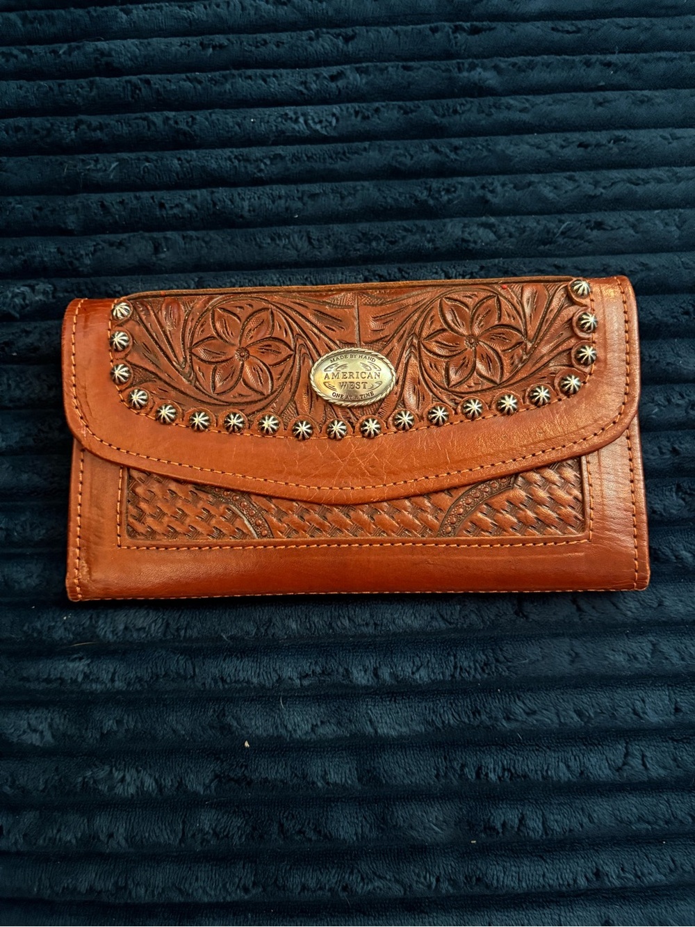 American West Tooled Leather Wallet - Cognac Brown with Silver Accents